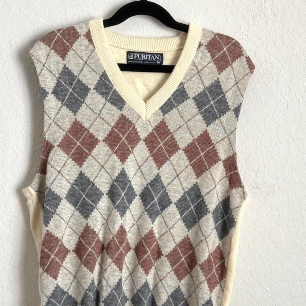Puritan Vintage Argyle Sweater Vest Men’s M Made in USA V Neck Preppy Knit